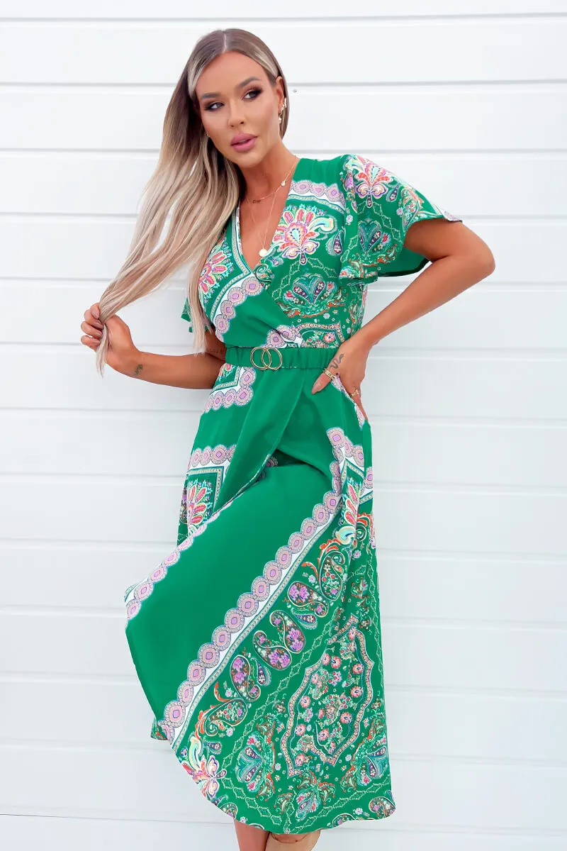 Green Paisley Printed Short Sleeve Belted Midi Dress