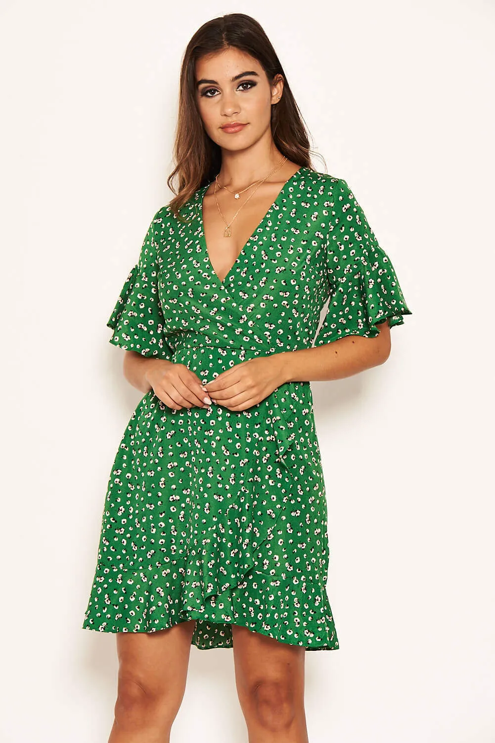 Green Patterned Wrap Frill Mini Dress