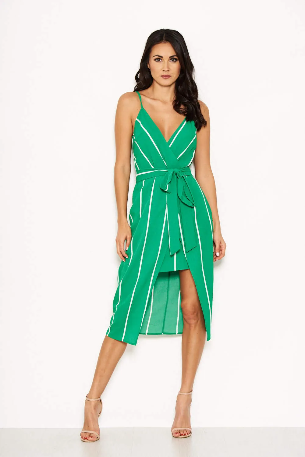 Green Pin Stripe Wrap Overlay Dress