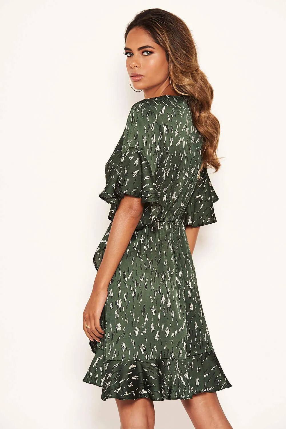 Green Printed Full Wrap Mini Dress