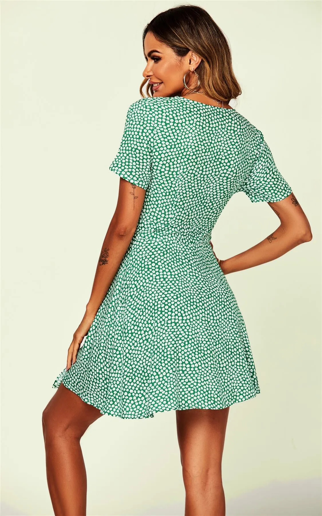 Green Sprint Floral Print Mini Wrap Dress