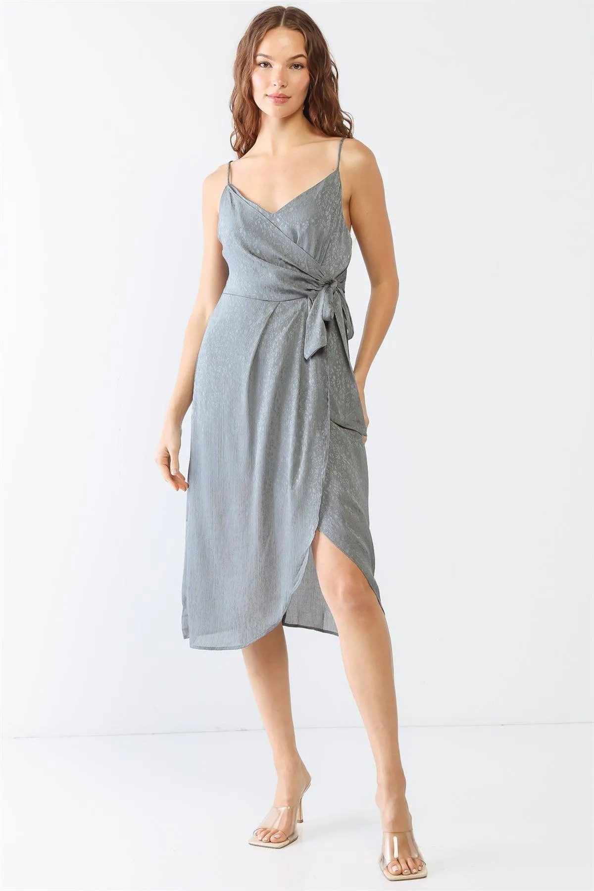 Grey Floral Print Satin Wrap V-Neck Strappy Wrap Midi Dress /1-2-2