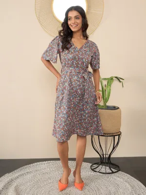 Grey Polyester Moss Floral Print Wrap Dress