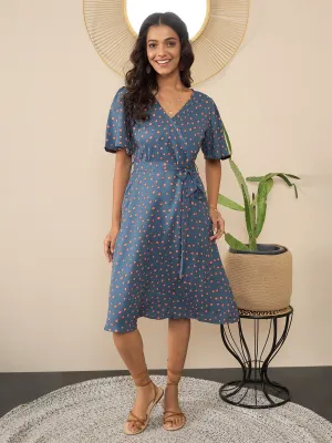 Grey Polyester Moss Polka Wrap Dress