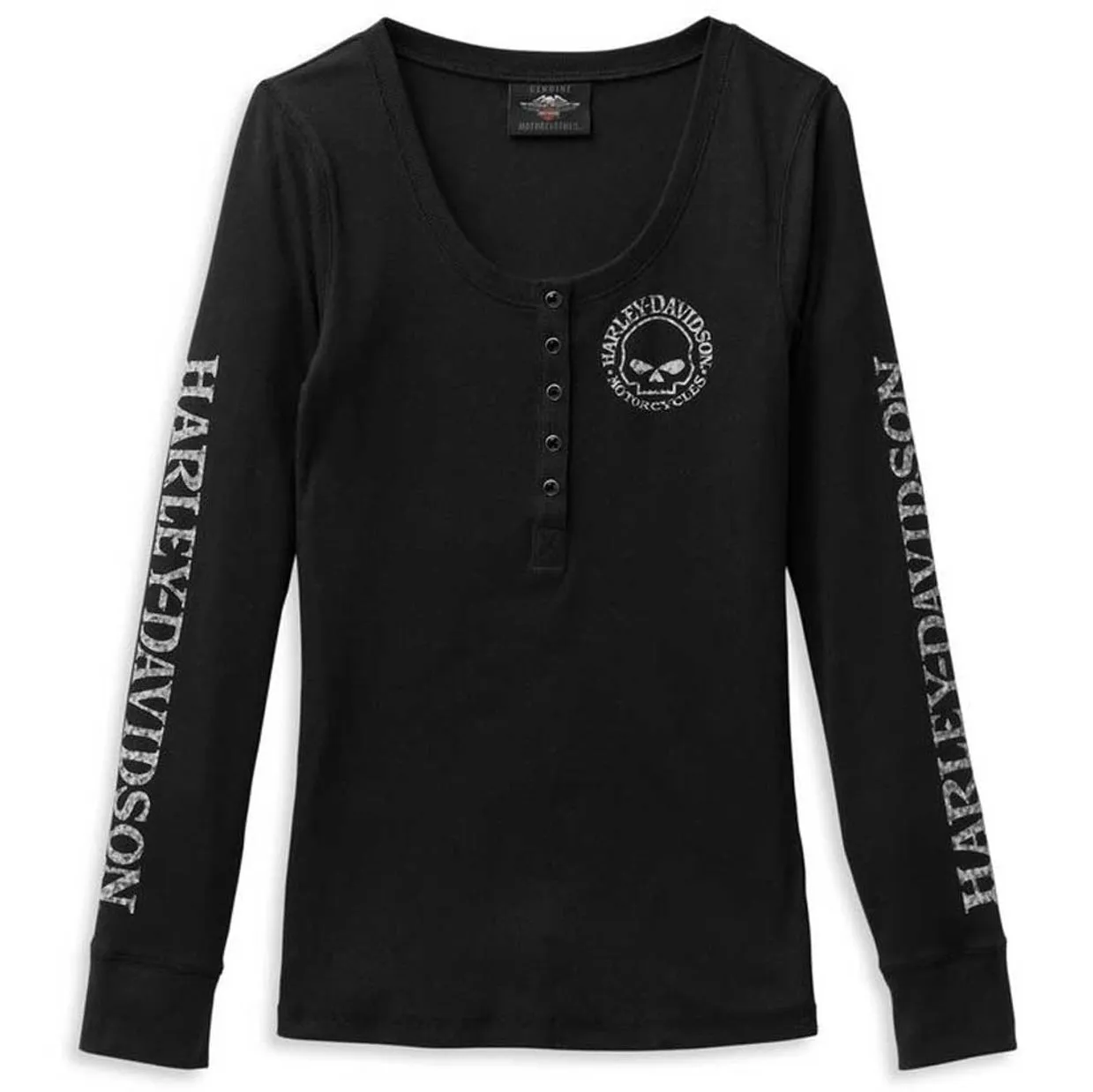 Harley-Davidson Women's Skull Snap Front Long Sleeve Henley, Black 99099-22VW