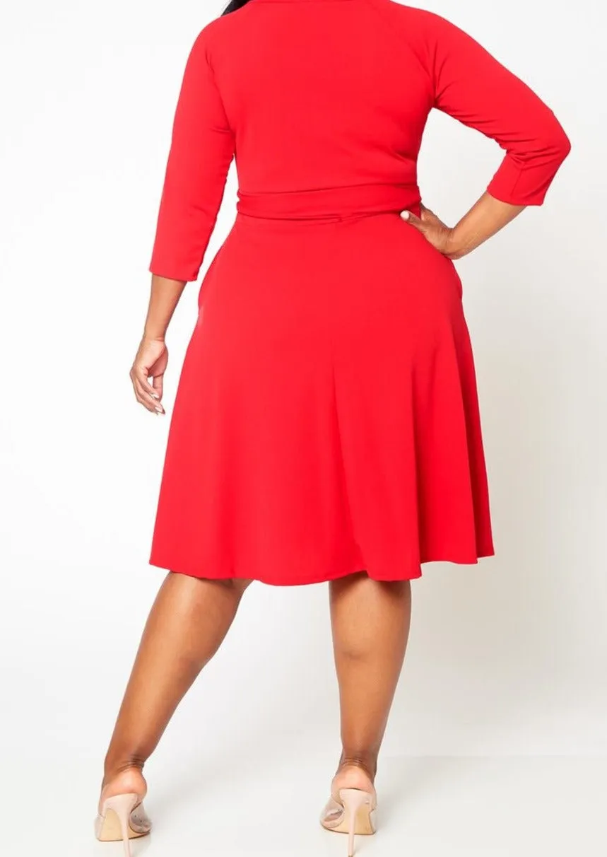 HI CURVY Plus Size 3/4 Sleeves Wrap Midi Dress with pocket Made In USA