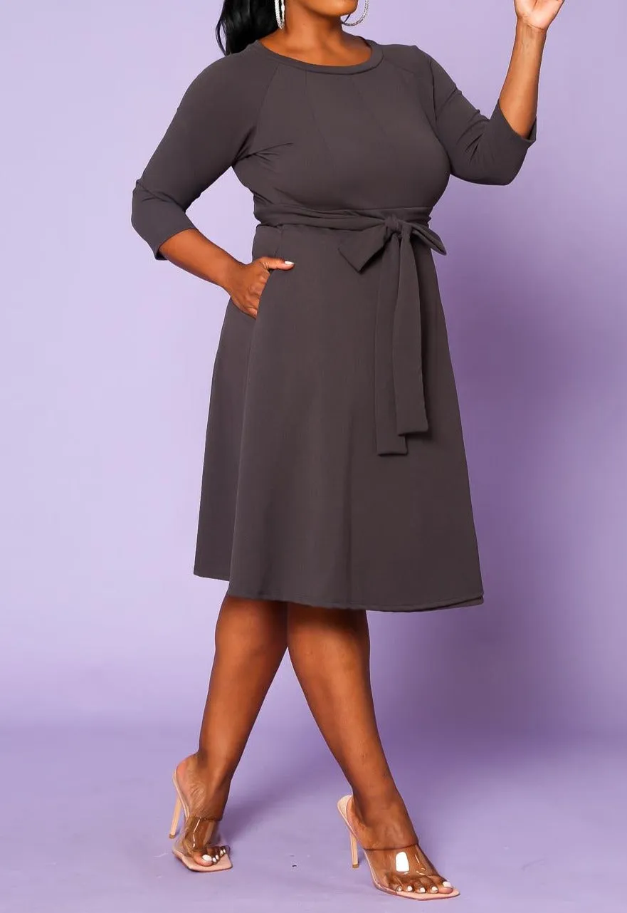 HI CURVY Plus Size 3/4 Sleeves Wrap Midi Dress with pocket Made In USA