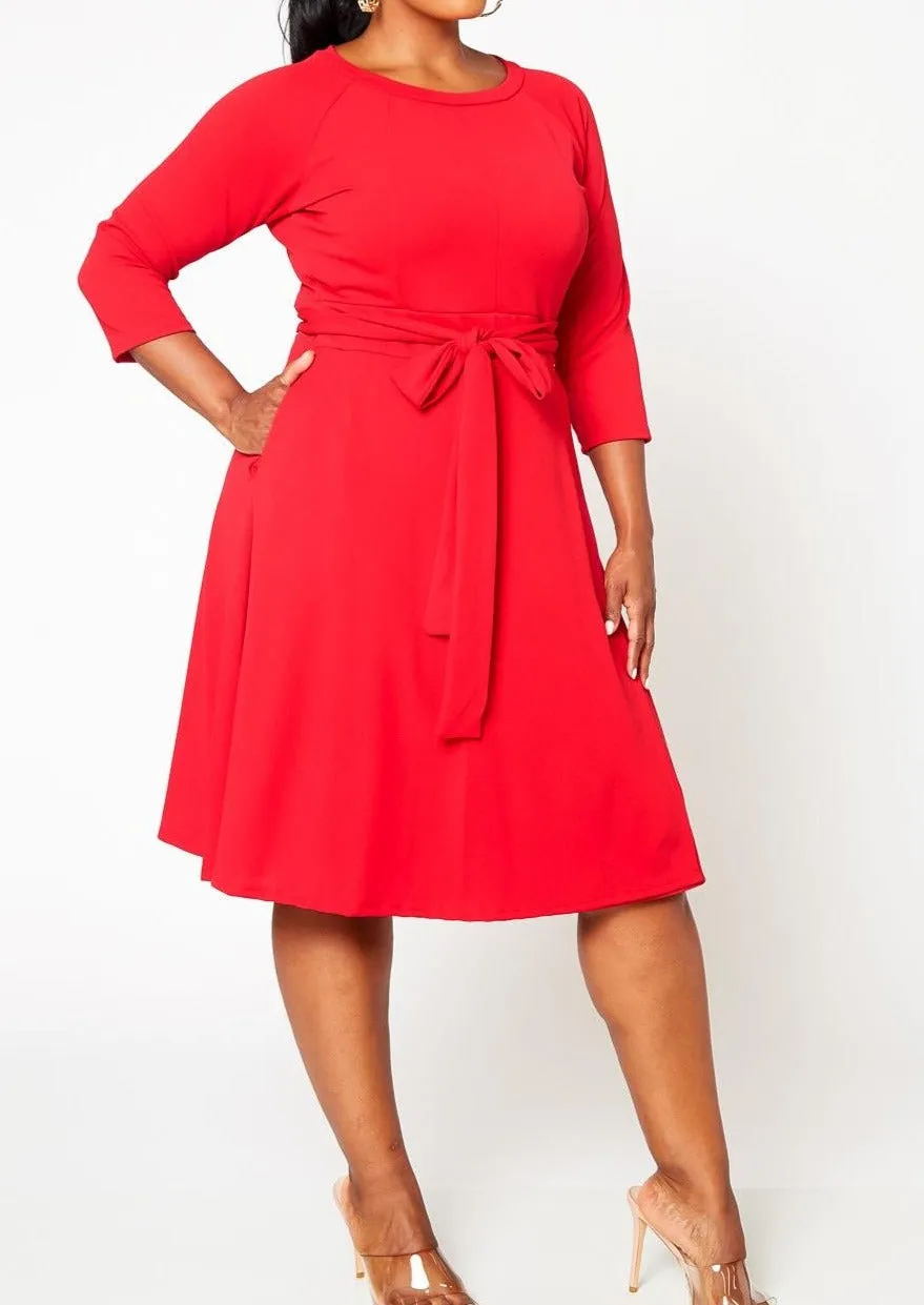 HI CURVY Plus Size 3/4 Sleeves Wrap Midi Dress with pocket Made In USA