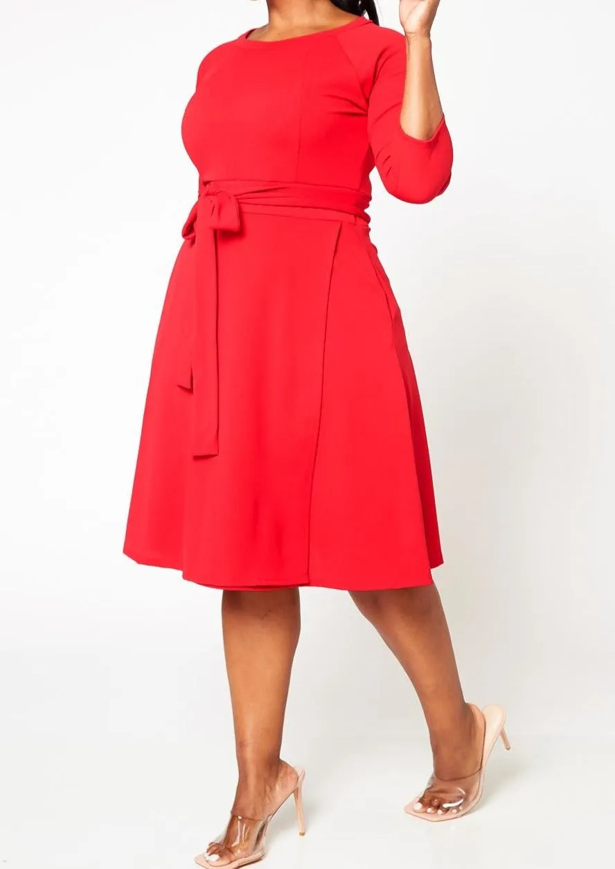 HI CURVY Plus Size 3/4 Sleeves Wrap Midi Dress with pocket Made In USA