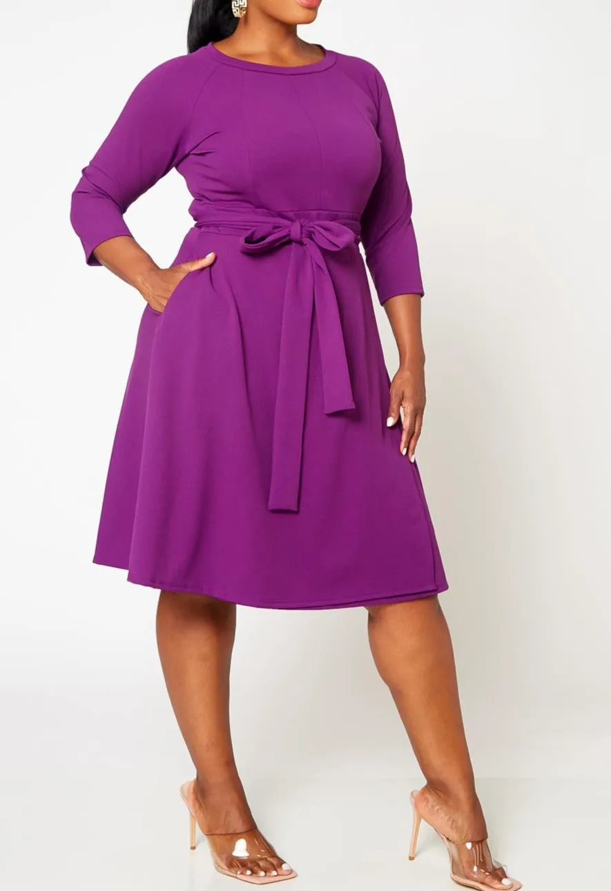 HI CURVY Plus Size 3/4 Sleeves Wrap Midi Dress with pocket Made In USA