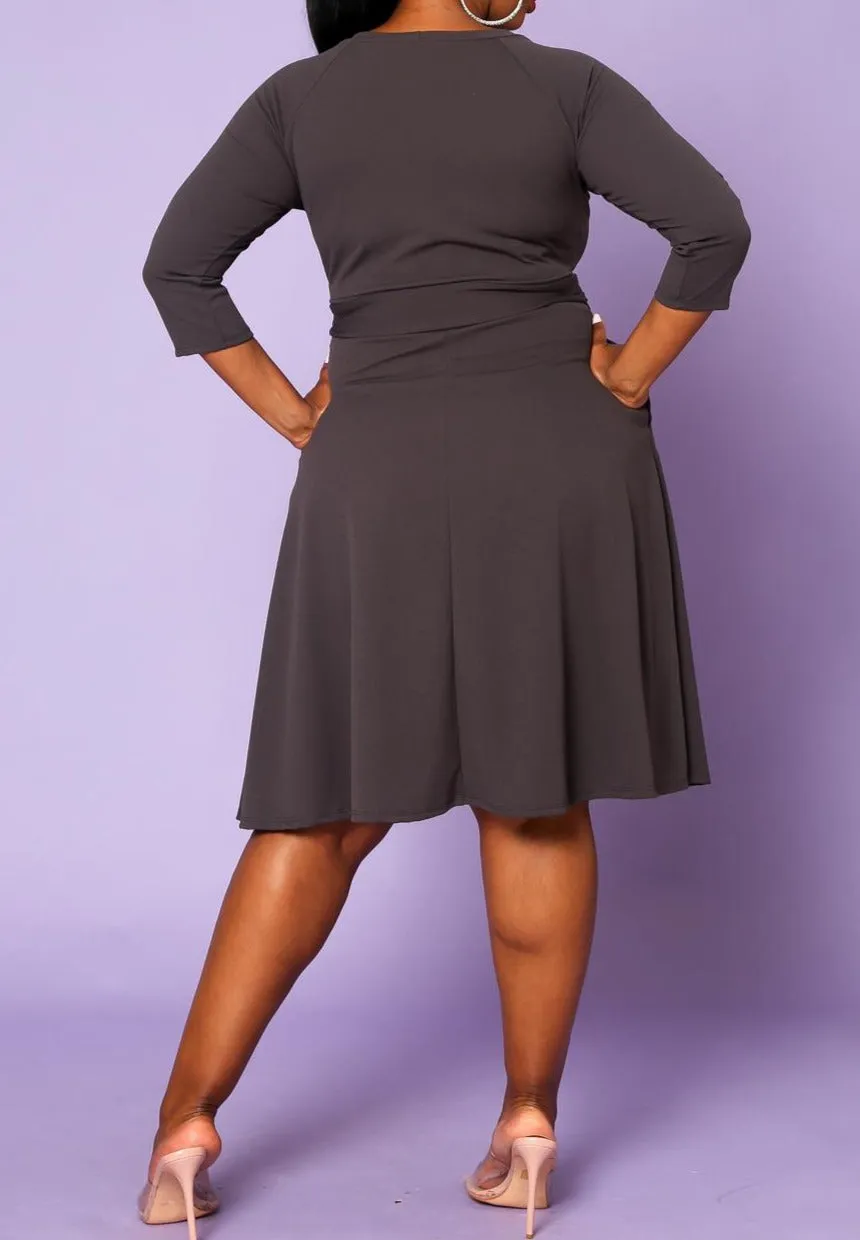 HI CURVY Plus Size 3/4 Sleeves Wrap Midi Dress with pocket Made In USA