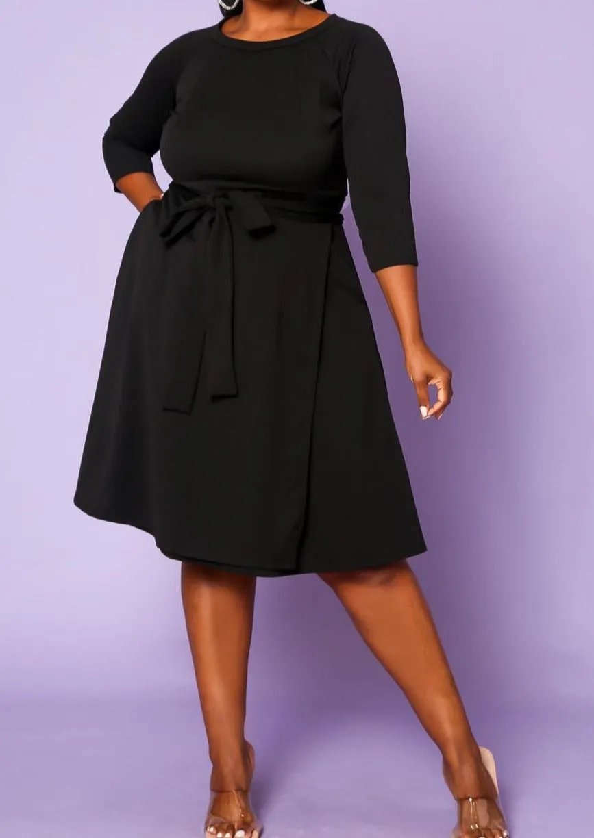 HI CURVY Plus Size 3/4 Sleeves Wrap Midi Dress with pocket Made In USA