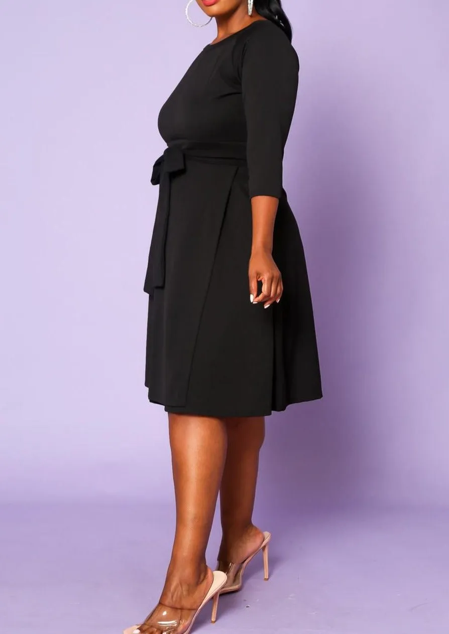 HI CURVY Plus Size 3/4 Sleeves Wrap Midi Dress with pocket Made In USA