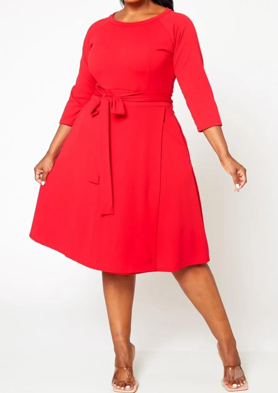 HI CURVY Plus Size 3/4 Sleeves Wrap Midi Dress with pocket Made In USA