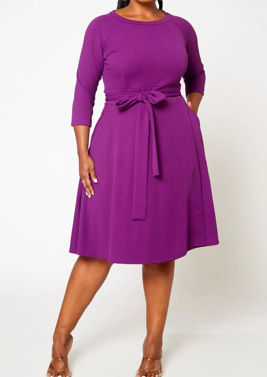 HI CURVY Plus Size 3/4 Sleeves Wrap Midi Dress with pocket Made In USA