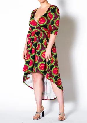 Hi Curvy Plus Size Women Multi Print Hi-Lo Wrap Midi Dress