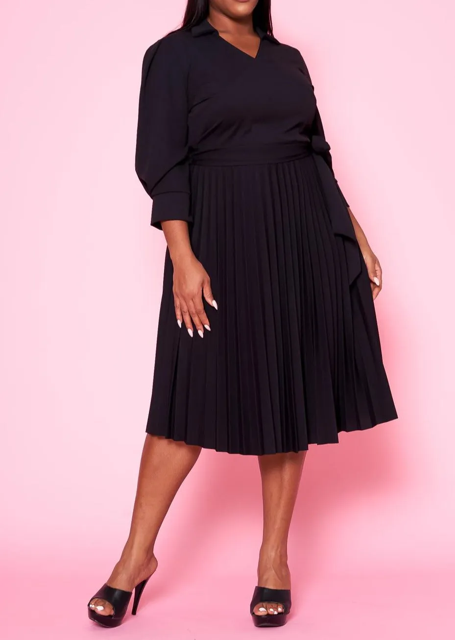 Hi Curvy Plus Size Women Pleated Flare Midi Dress