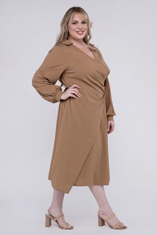 HI Curvy Plus Size Women Solid Twist Front Wrap Dress