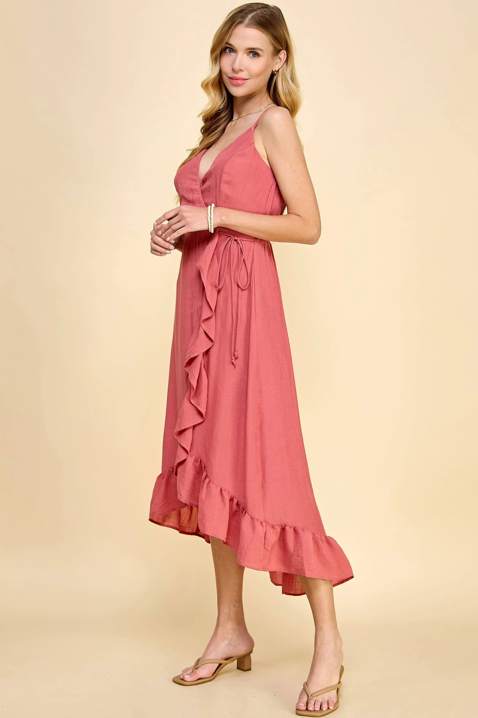 Hi-Low Papaya Gauze Wrap Dress Spaghetti Strap  Y9100114