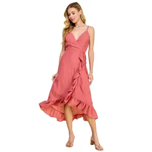 Hi-Low Papaya Gauze Wrap Dress Spaghetti Strap  Y9100114