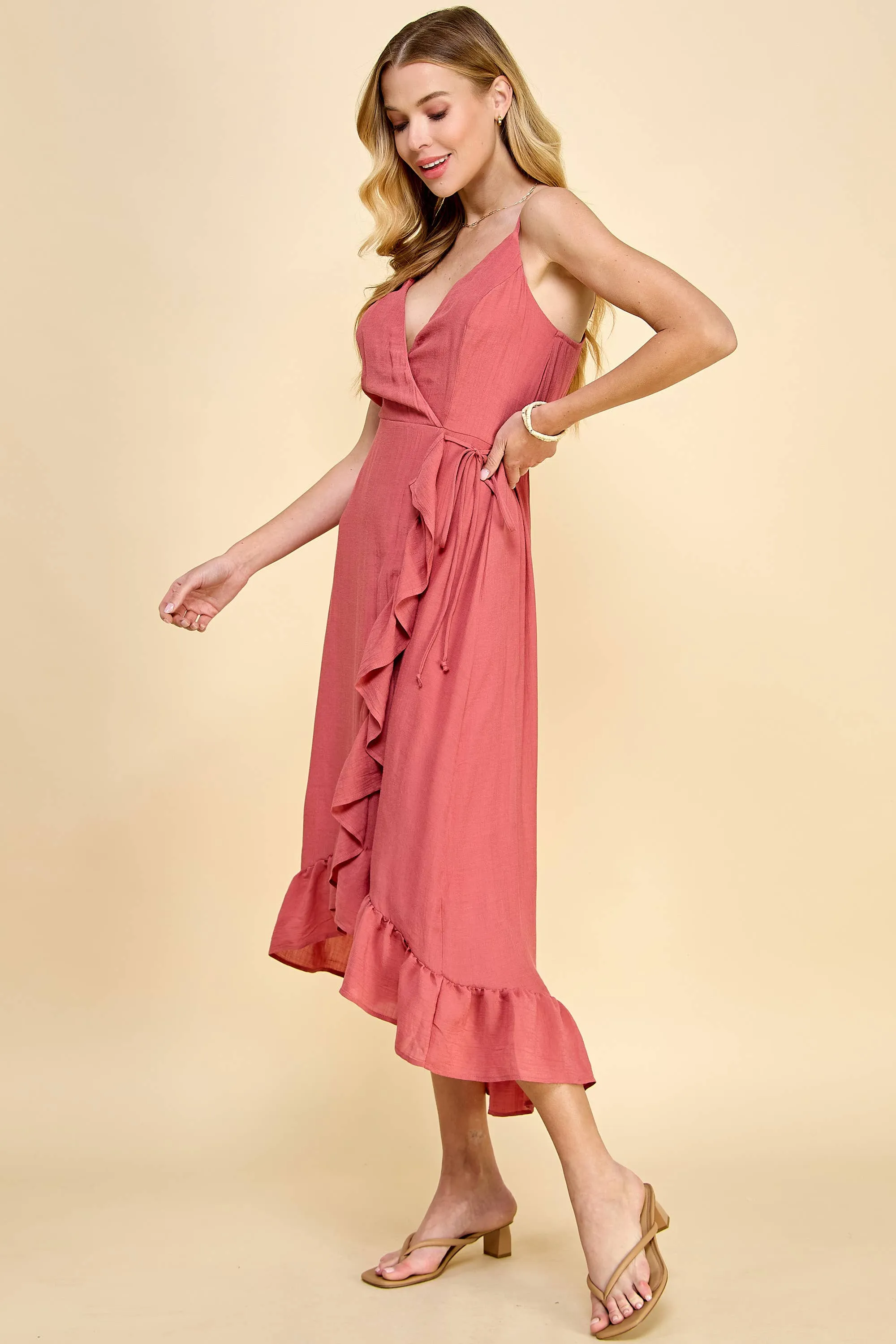 Hi-Low Papaya Gauze Wrap Dress Spaghetti Strap  Y9100114