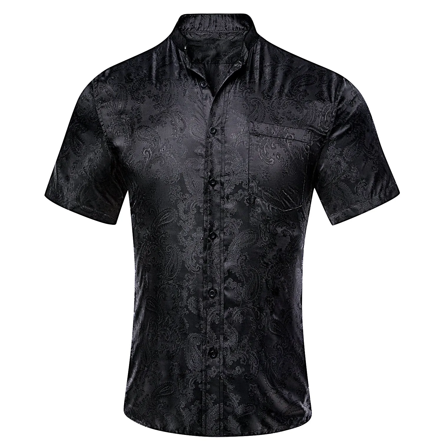 Hi-Tie Formal Top Black Jacquard Paisley Silk Men's Short Sleeve Shirt