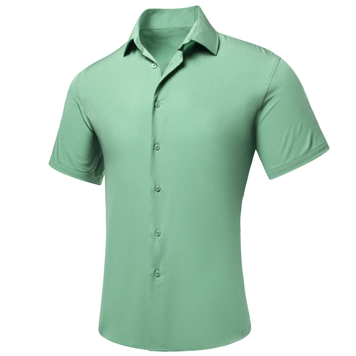 Hi-Tie Mint Green Solid Silk Men Short Sleeve Collar Shirt Summer Top