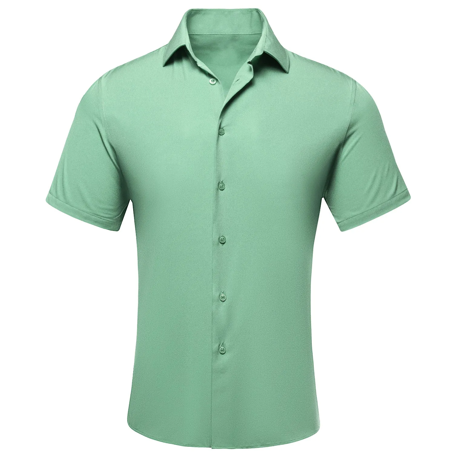 Hi-Tie Mint Green Solid Silk Men Short Sleeve Collar Shirt Summer Top