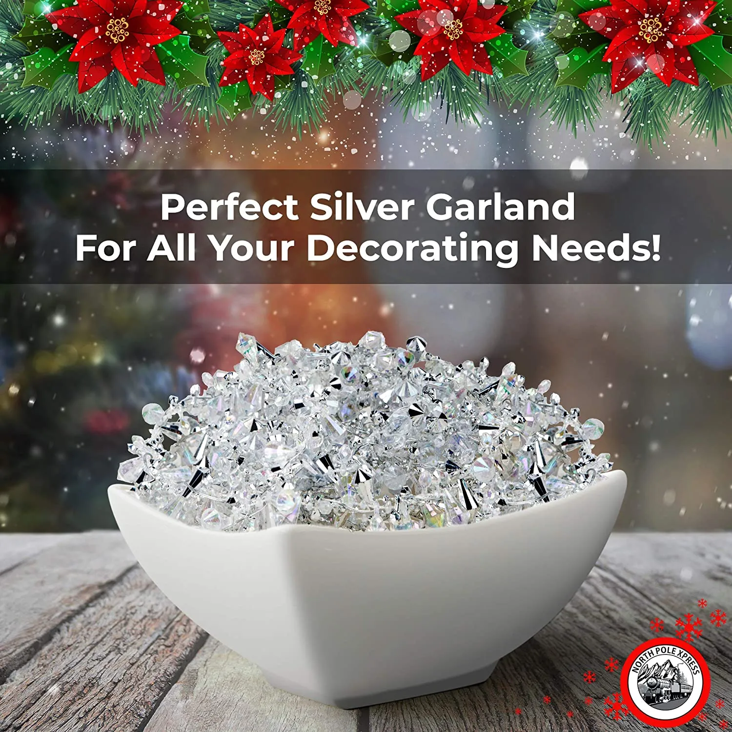 Iridescent Silver and Clear Crystal Bead Garland, 9 feet