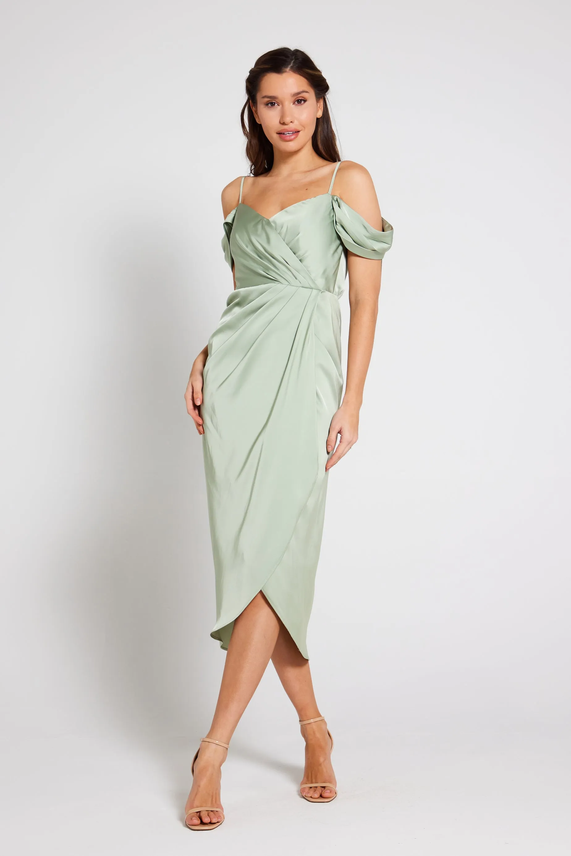 Isabella Bardot Satin Wrap Dress - Sage Green