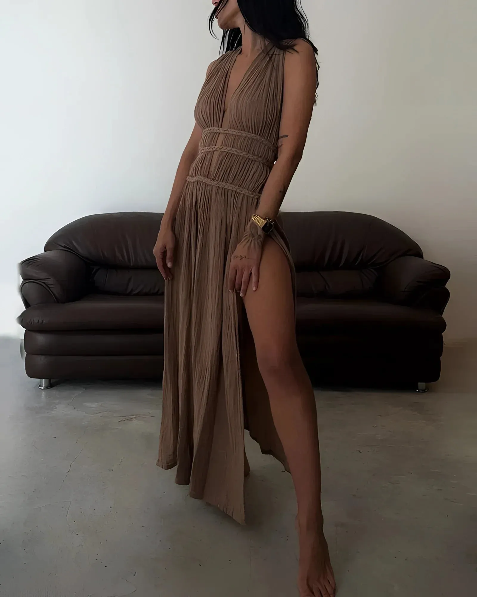 IvyShape Maxi Dress - Sleeveless, Plunging Neckline, High-Slit Evening Wear