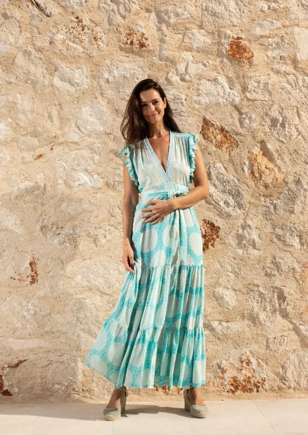 Izzy Wrap Long Dress // Benirras Print - Celeste