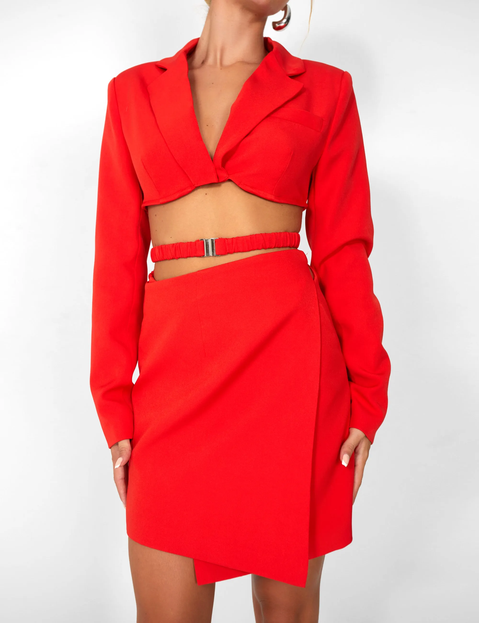 Kaiia Wrap Waist Mini Blazer Dress in Red