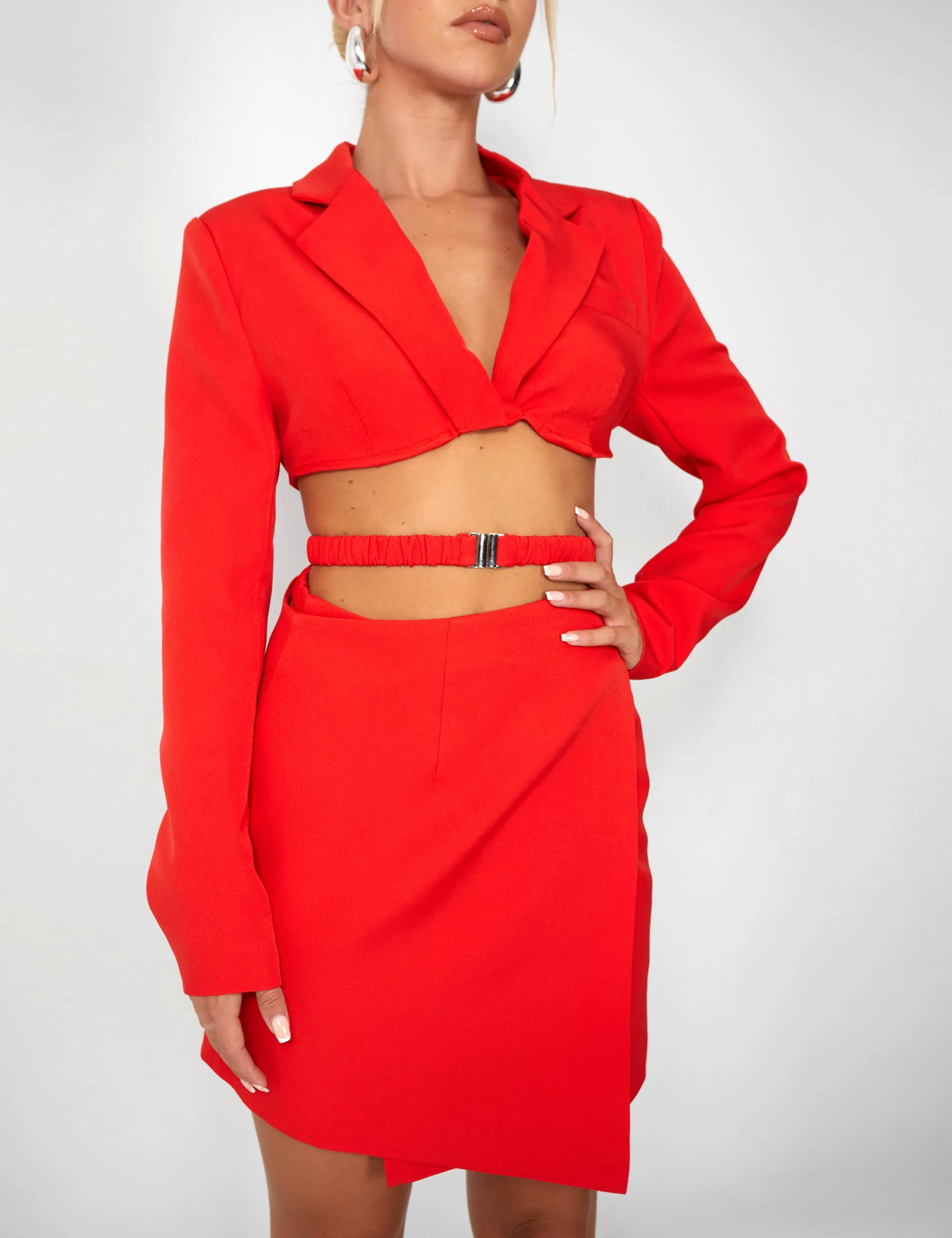 Kaiia Wrap Waist Mini Blazer Dress in Red