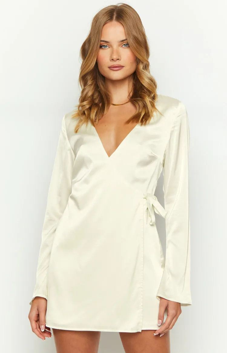 Kasya Cream Satin Long Sleeve Mini Dress