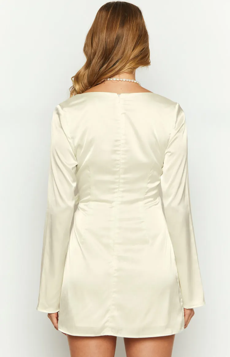 Kasya Cream Satin Long Sleeve Mini Dress