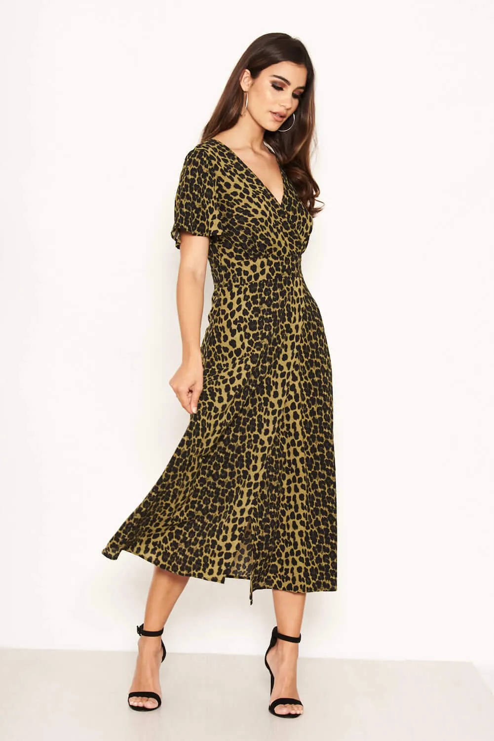 Khaki Leopard Print Wrap Midi Dress