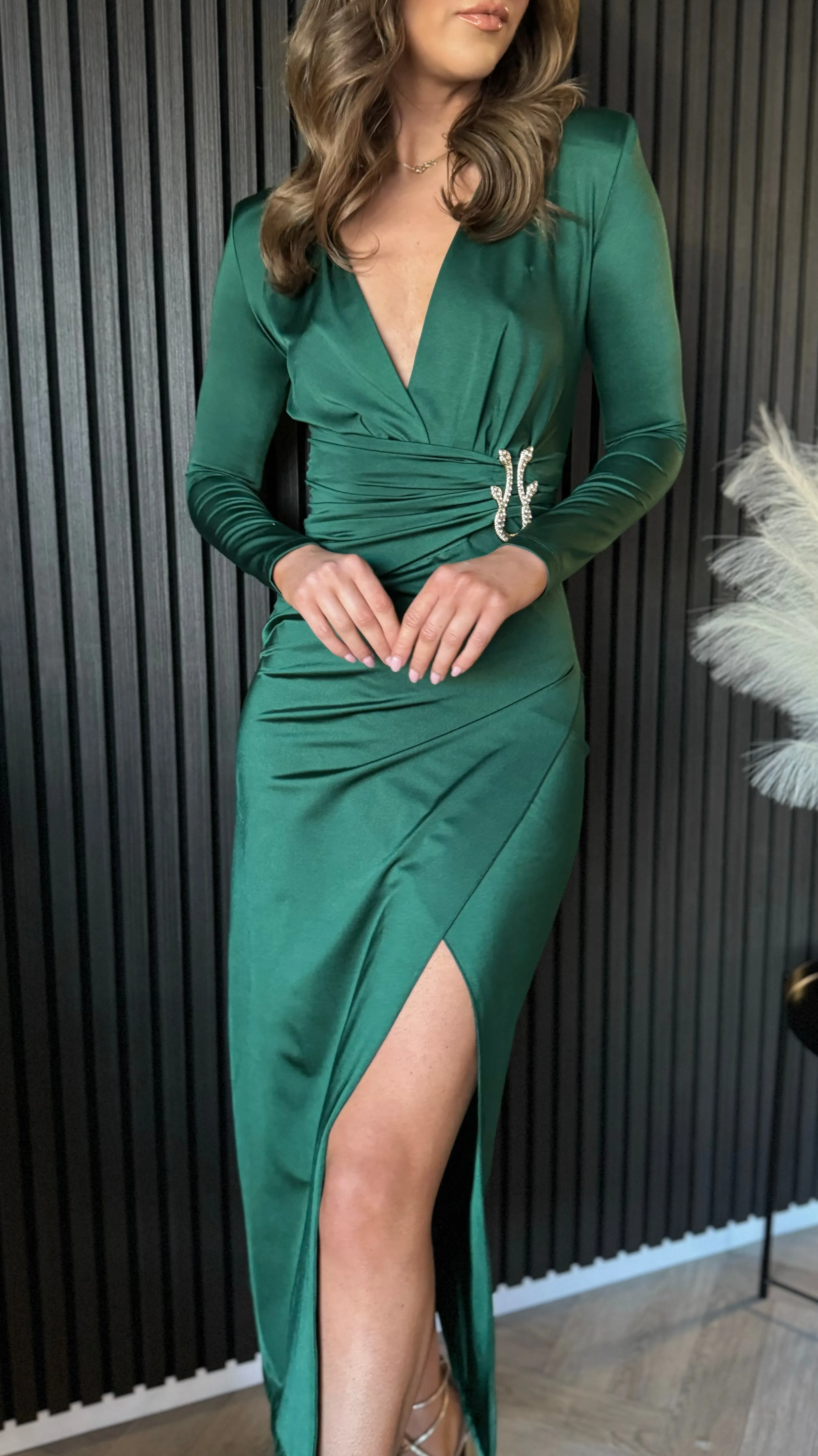 Kingsley Forest Green V Neckline Wrap Effect Brooch Detail Midi Dress