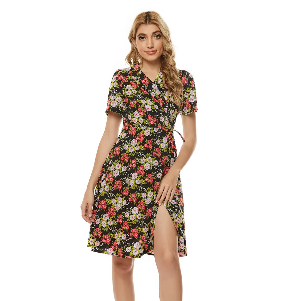 KittenAlarm - Floral Print Notched Lapel Self Tie Wrap Dress