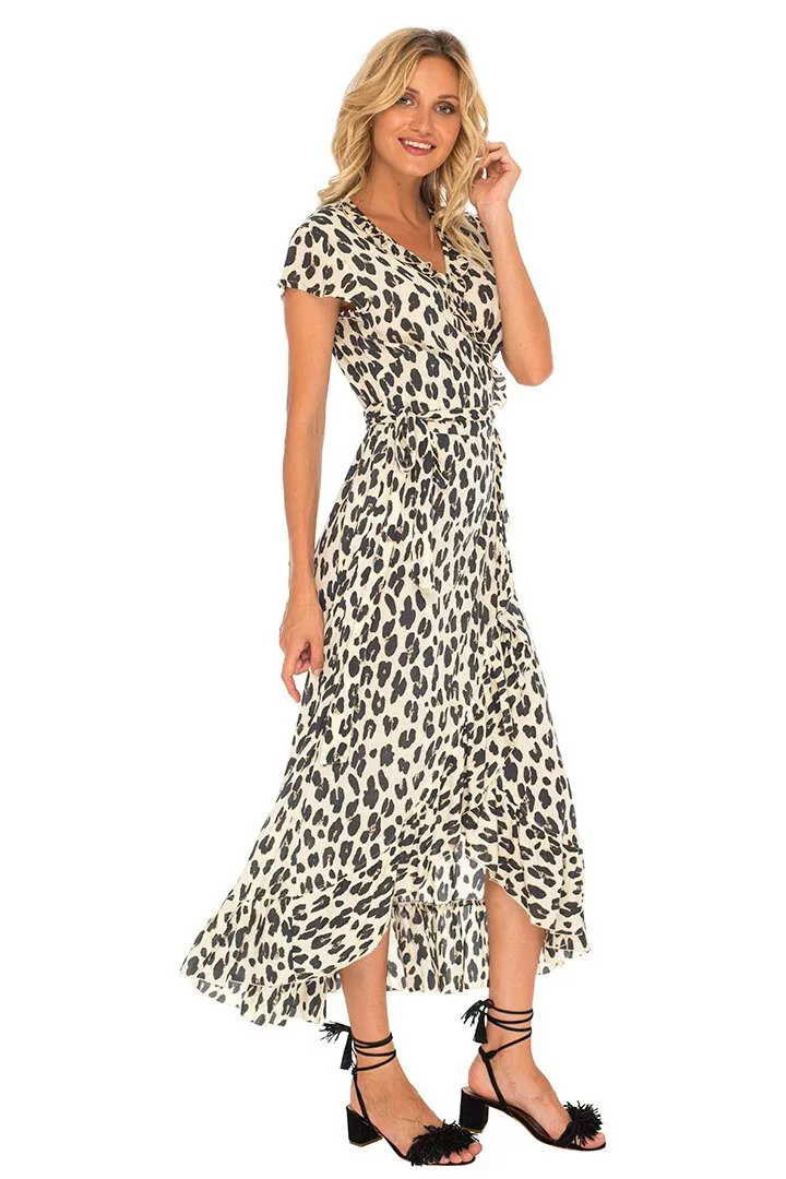 Leopard Print Long Wrap Dress with Cap Sleeves