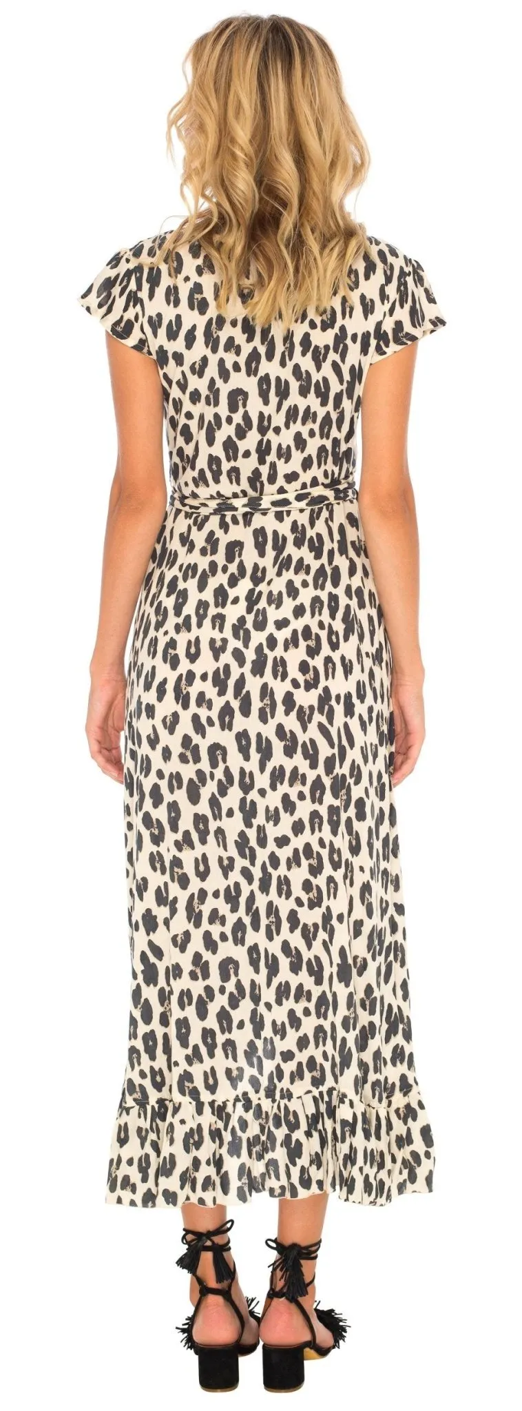 Leopard Print Long Wrap Dress with Cap Sleeves