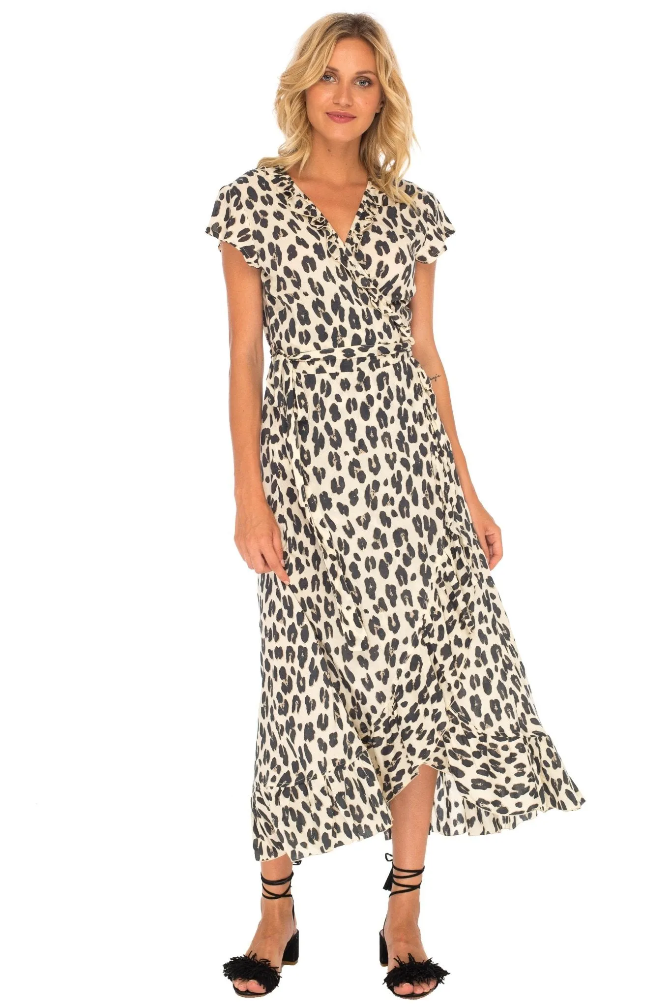 Leopard Print Long Wrap Dress with Cap Sleeves