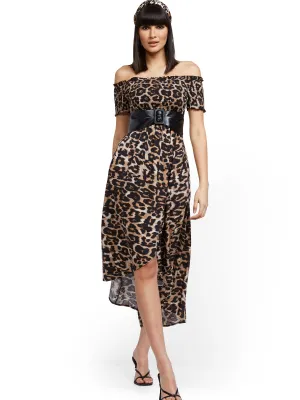 Leopard-Print Off-The-Shoulder Hi-Lo Wrap Maxi Dress