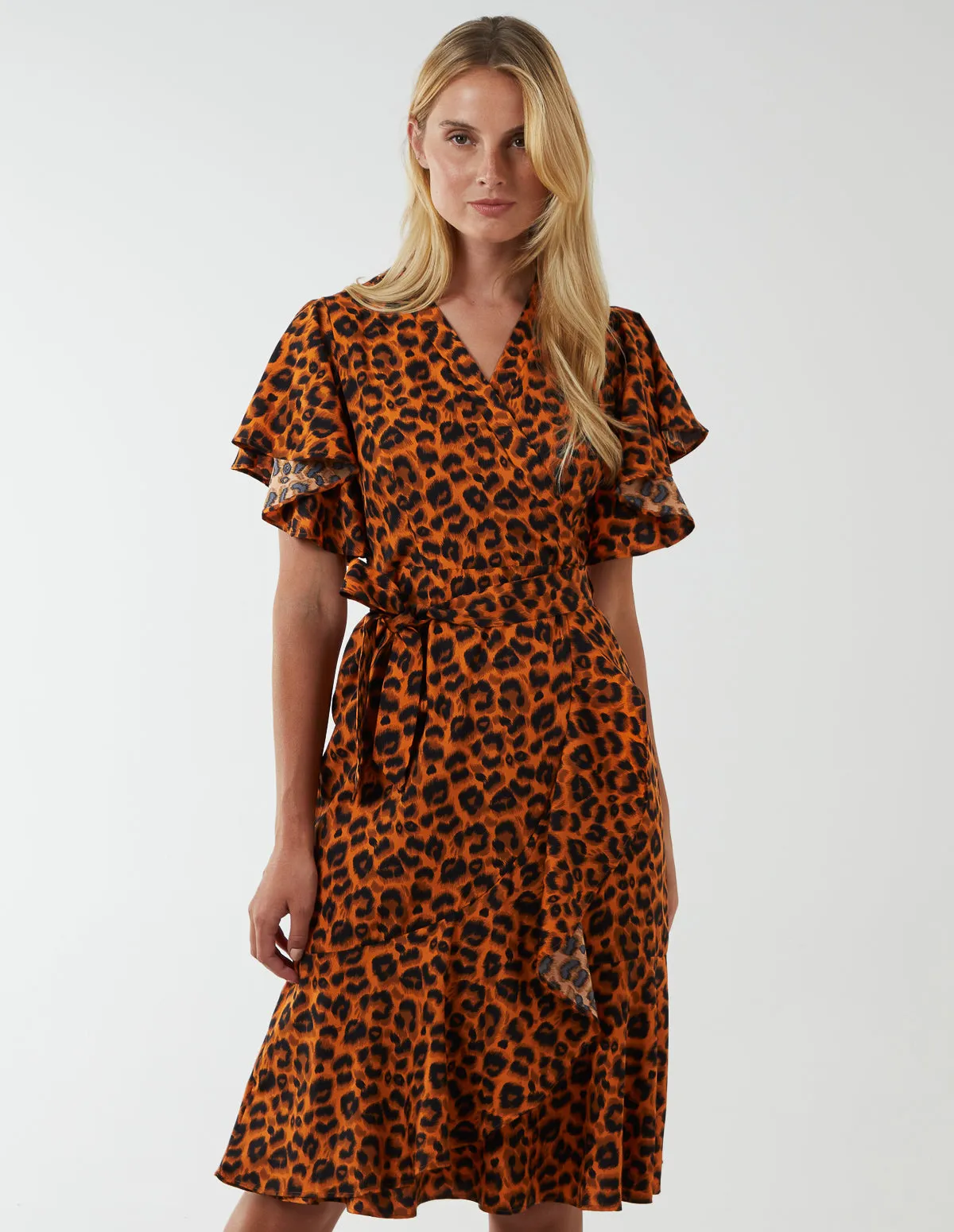 Leopard Print Wrap Ruffle Midi Dress