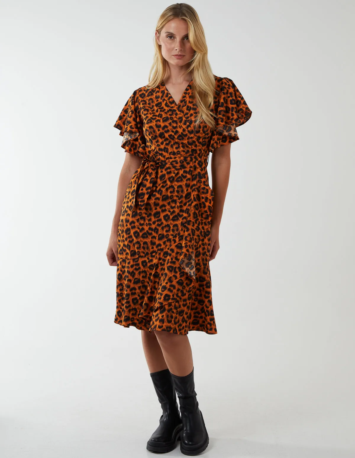 Leopard Print Wrap Ruffle Midi Dress