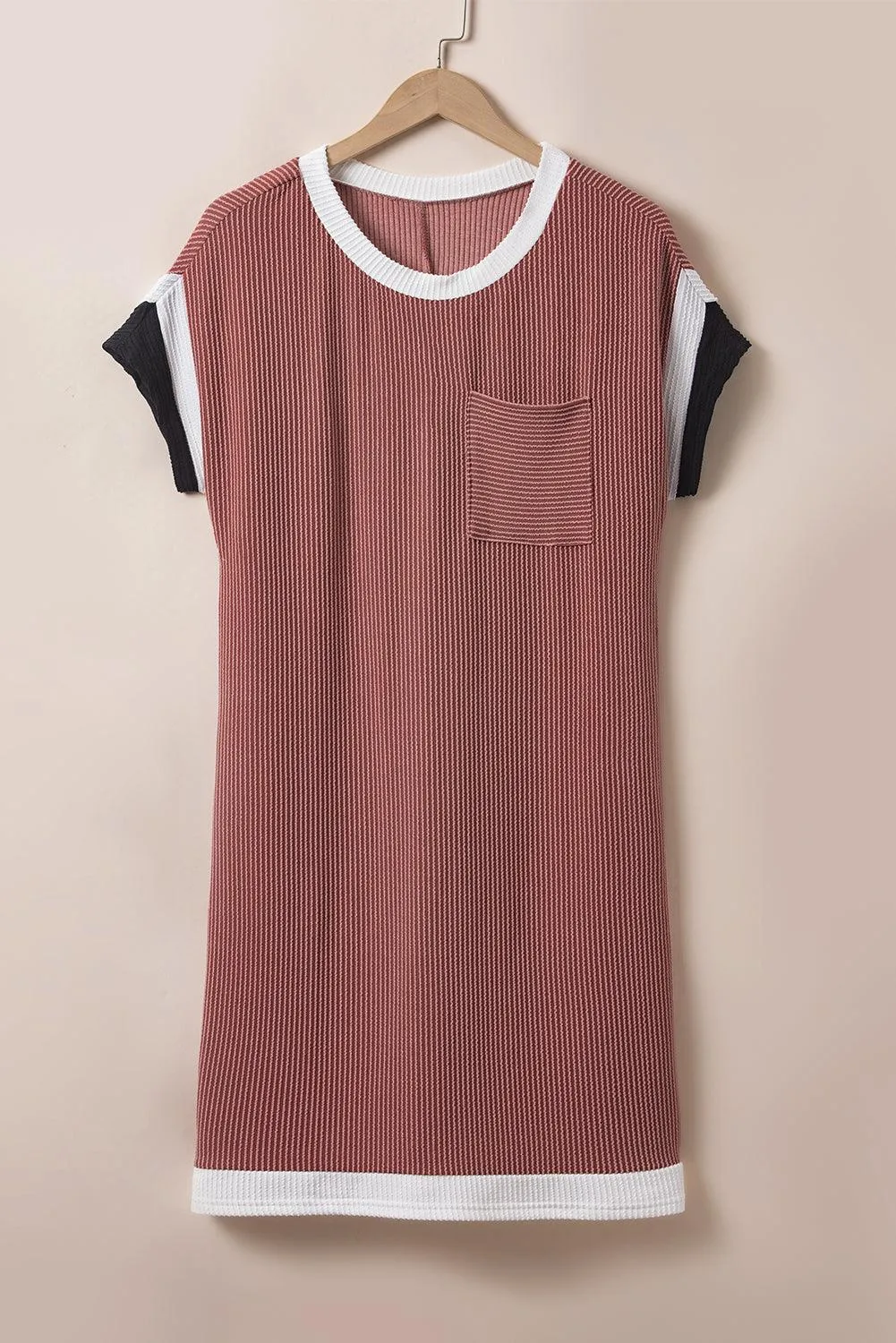 Light French Beige Rib Textured Colorblock Pocket T Shirt Dress