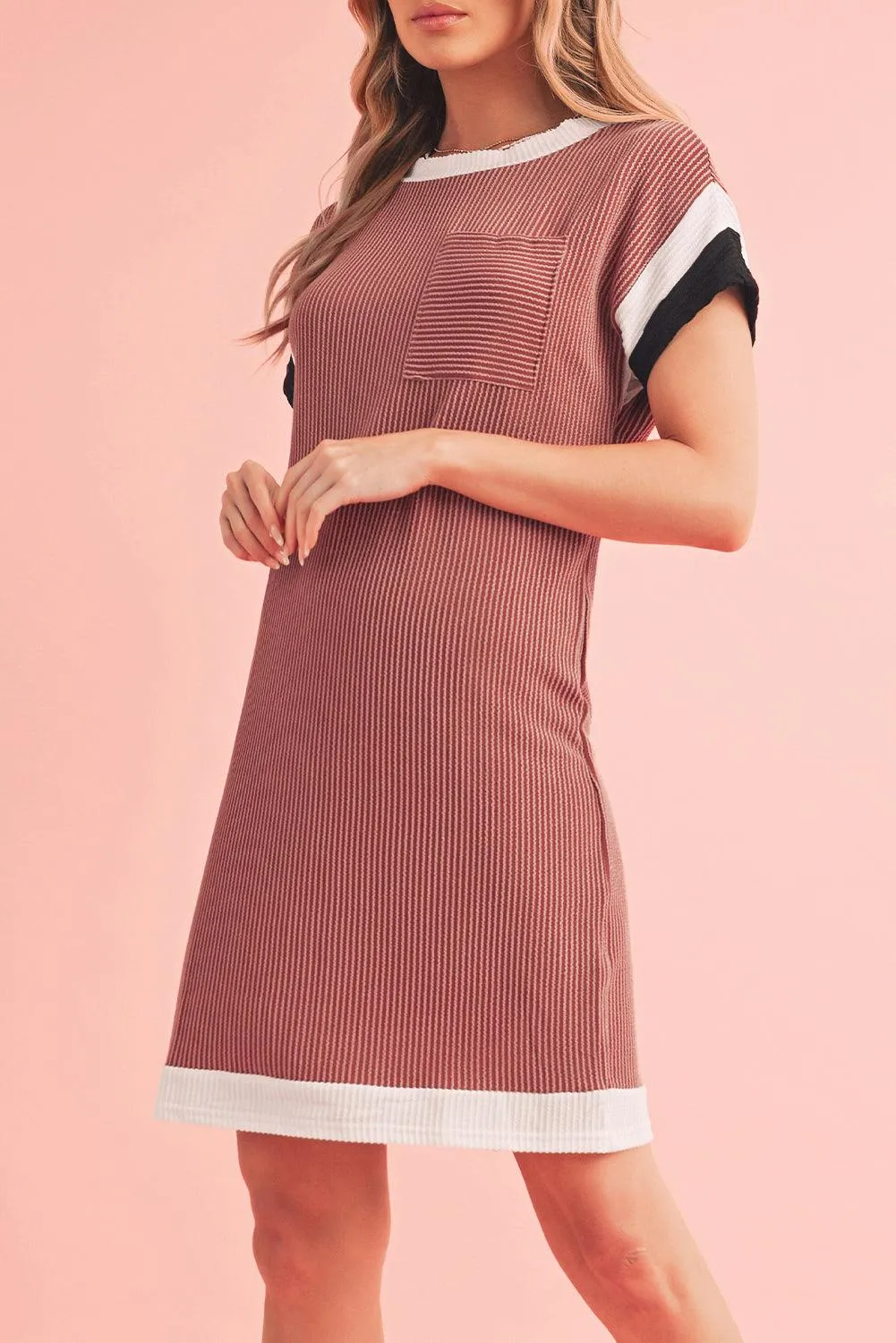 Light French Beige Rib Textured Colorblock Pocket T Shirt Dress