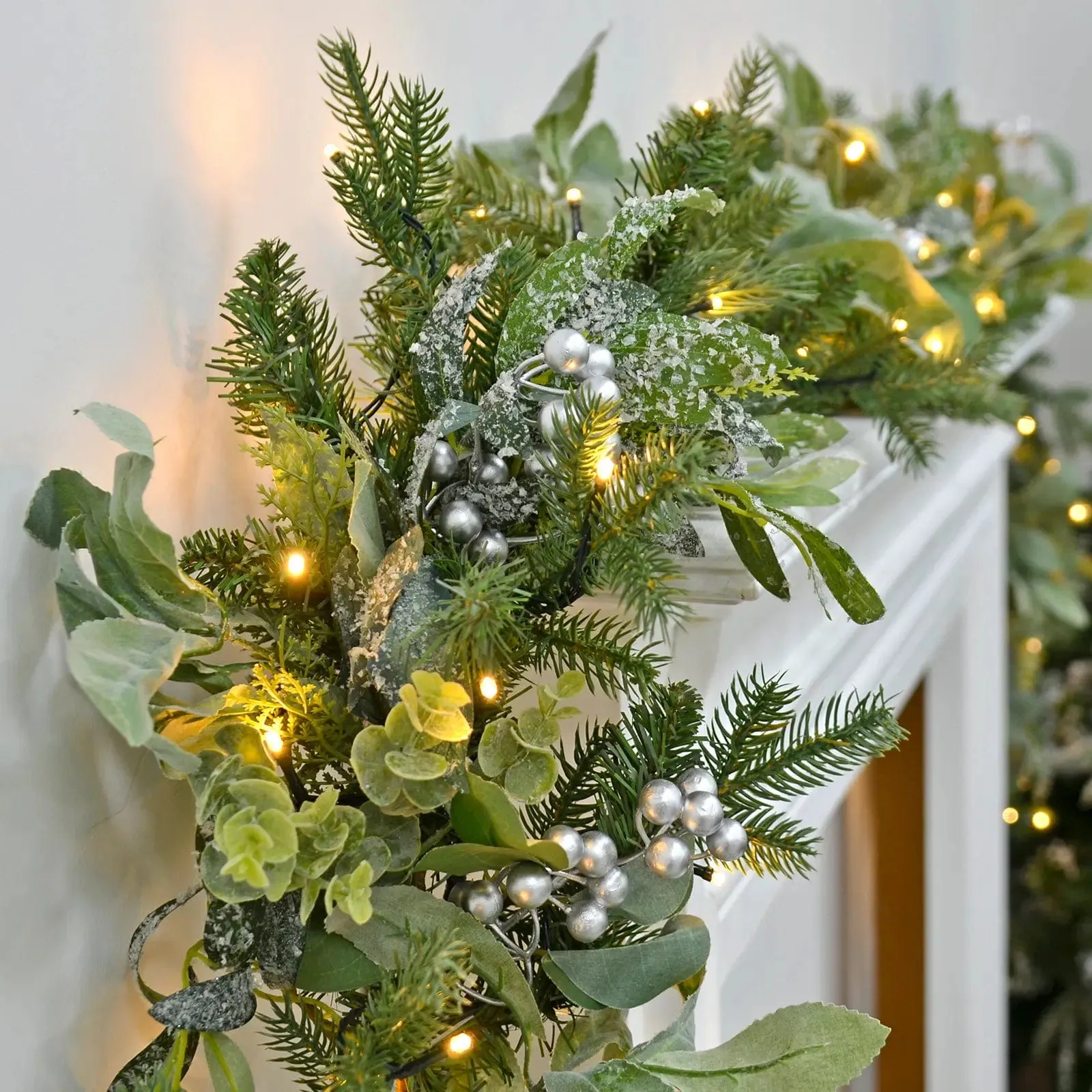 Light Up Christmas Garland Silver Berries Frosted Green Foliage 2.7m 9ft