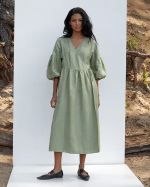 Linen wrap dress puff sleeves OLBIA in Sage