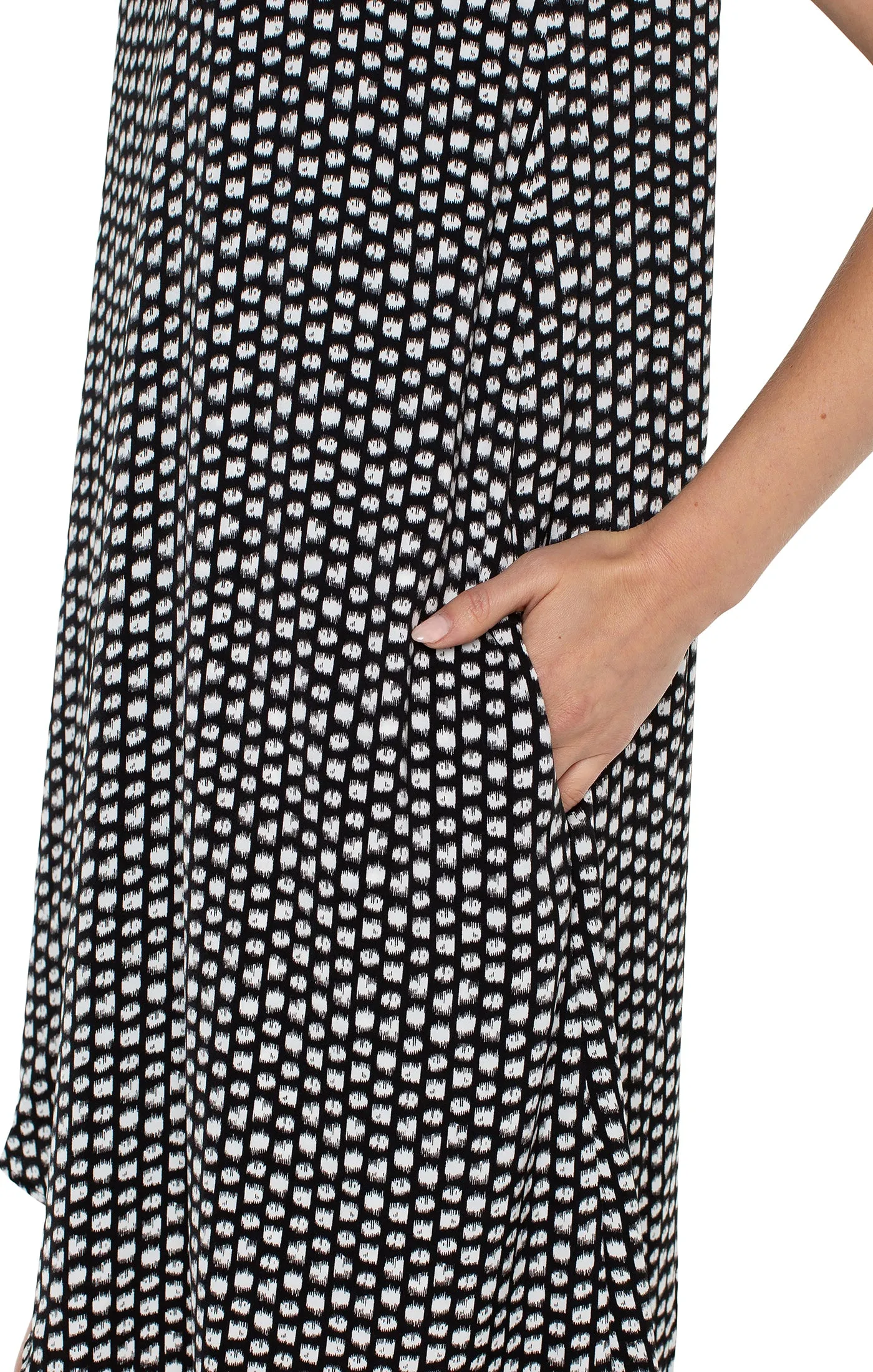 Liverpool Sleeveless Neck Dress with Asymmetric Hem (Black/White Dot)